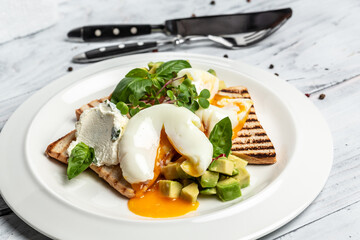 Avocado, bread toast with poached egg on plate. Healthy fats, clean eating for weight loss. Healthy appetizer, breakfast, lunch or snack