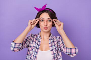 Photo of young lovely girl pouted lips romance feelings date eyewear isolated over violet color background