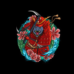 a samurai in red with two weapons
