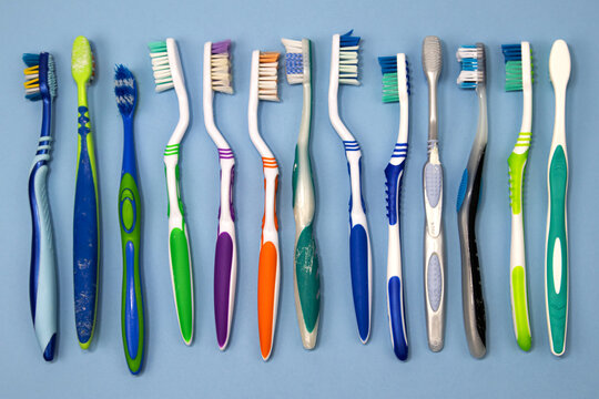 Old used expired toothbrushes. Health industry Professional dentist. Should change teeth every three months. 