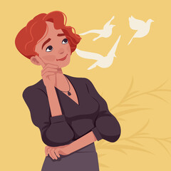 Beautiful ginger red hair woman portrait, girl dreaming. Smart modern female social media profile picture. Vector flat style creative illustration, beige, birds fly background