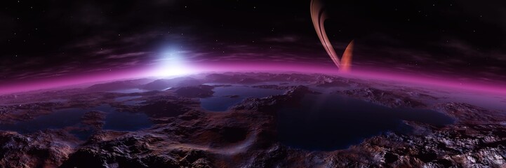 Beautiful alien landscape at sunrise, satellite of saturn at sunset, , 3d rendering © ustas