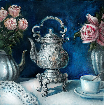 Oil picture with Vintage antique silver tea and coffee set on white tablecloth with teacup vase of roses. high tea party still life. Grawn picture on canvas