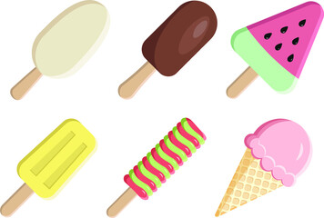 Vector summer ice cream watermelon chocolate strawberry vanilla