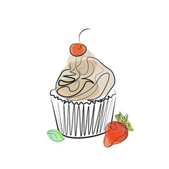 Cupcake with strawberries and cherries, black linear drawing with translucent abstract spots on a white background