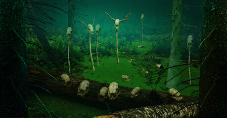 Skulls picked on sticks in green swamp. Pagan ritual in dark forest. Scary scene deep in enchanted woods