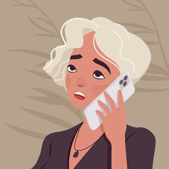 Beautiful blonde woman with white dyed hair talking by phone. Smart businesswoman, cute modern female social media profile picture. Vector flat style creative illustration, beige plant background