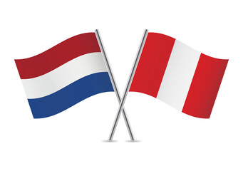 Netherlands and Peru crossed flags. Netherlandish and Peruvian flags isolated on white background. Vector icon set. Vector illustration.
