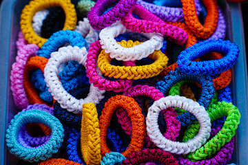 Colorful hairclips on the table. Close up of colorful hairclips. Group of hairclips 