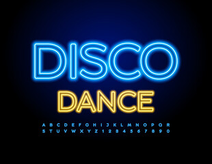 Vector brightl sign Disco Dance. Modern Neon Font. Glowing Alphabet Letters and Numbers set