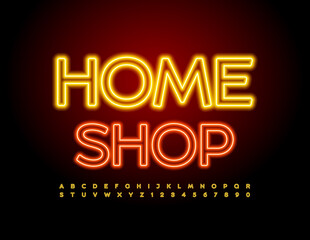Vector business logo Home Shop. Yellow Illuminated Font. Set of Neon Alphabet Letters and Numbers