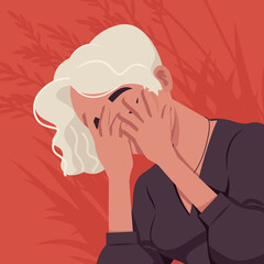 Sad blonde woman, white dyed hair covering face with hands. Smart cute modern female social media profile picture. Vector flat style creative illustration, red plant background