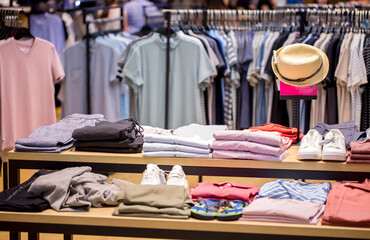 Men's clothing on hangers and shelves in a clothing store. Mannequin dressed in men's clothes. Casual wear for guys. Fashionable style. Boutique in the mall. Blurred background with copy space.