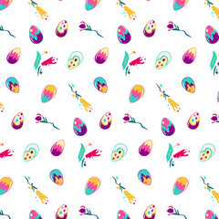 Vector decorative pattern with stylized flowers and painted eggs. Spring background, greeting card 