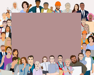 A lot of people stand in a circle on a white background. illustration