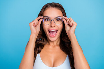 Photo of crazy funky amazed lady open mouth wear specs sportswear set isolated blue color background