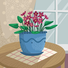 Vector illustration of a violet in a pot on a table near the window.