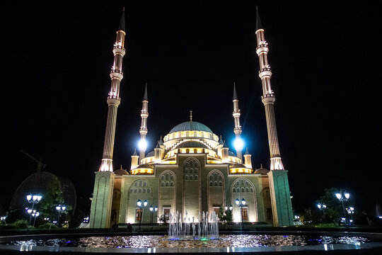 GROZNY, RUSSIA - JUNE 19, 2021: Summer Night at the Heart of Chechnya Mosque. Russia.