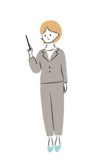 スーツを着た女性　指示棒で説明