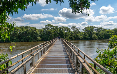 Argentina, wooden bridge crossing the Iguazu River on  a walk path .