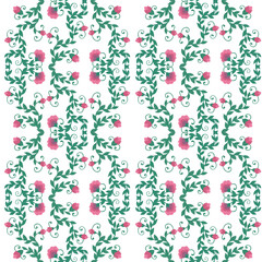 Stylized pink flowers and intertwined greenery. Watercolor seamless pattern on a white background.