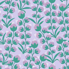 Stylized delicate buds on a branch. Lilac romantic flowers. Watercolor seamless pattern.