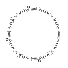 Abstract Black Simple Line Round Circle With Leaf Leaves Frame Flowers Doodle Outline Element Vector Design Style Sketch Isolated Illustration For Wedding And Banner