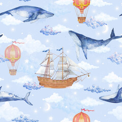 Watercolor whales, clouds, moon, stars, balloons, space, ship, seamless pattern. Fabulous watercolor illustration of marine animals on a light background. Background print, children's postcards © ZubiZub
