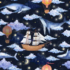 Watercolor whales, clouds, moon, stars, balloons, space, ship, seamless pattern. Fabulous watercolor illustration of marine animals on a dark background. Background print, children's postcards