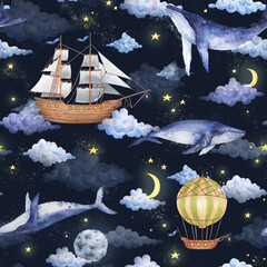 Watercolor whales, clouds, moon, stars, balloons, space, ship, seamless pattern. Fabulous watercolor illustration of marine animals on a dark background. Background print, children's postcards