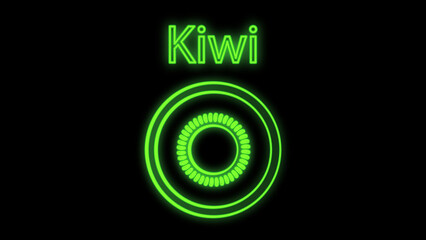slice of kiwi on a black background. vector illustration. neon sign with the inscription kiwi green. round kiwi fruit in neon style, trendy and bright illustration