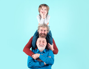 Generation of people and stages of growing up, isolated. Men generation grandfather father and grandson outdoor. Fathers day concept. Men in different ages.