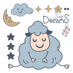 Children's illustration on the theme of sleep. Banner with the image of a cute sheep sleeping on a cloud under a rainbow, moon and stars. Vector. Delicate color scheme.