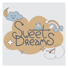 Children's illustration on the theme of sleep. Banner with the image of a cute sheep sleeping on a cloud under a rainbow, moon and stars. Vector. Delicate color scheme.