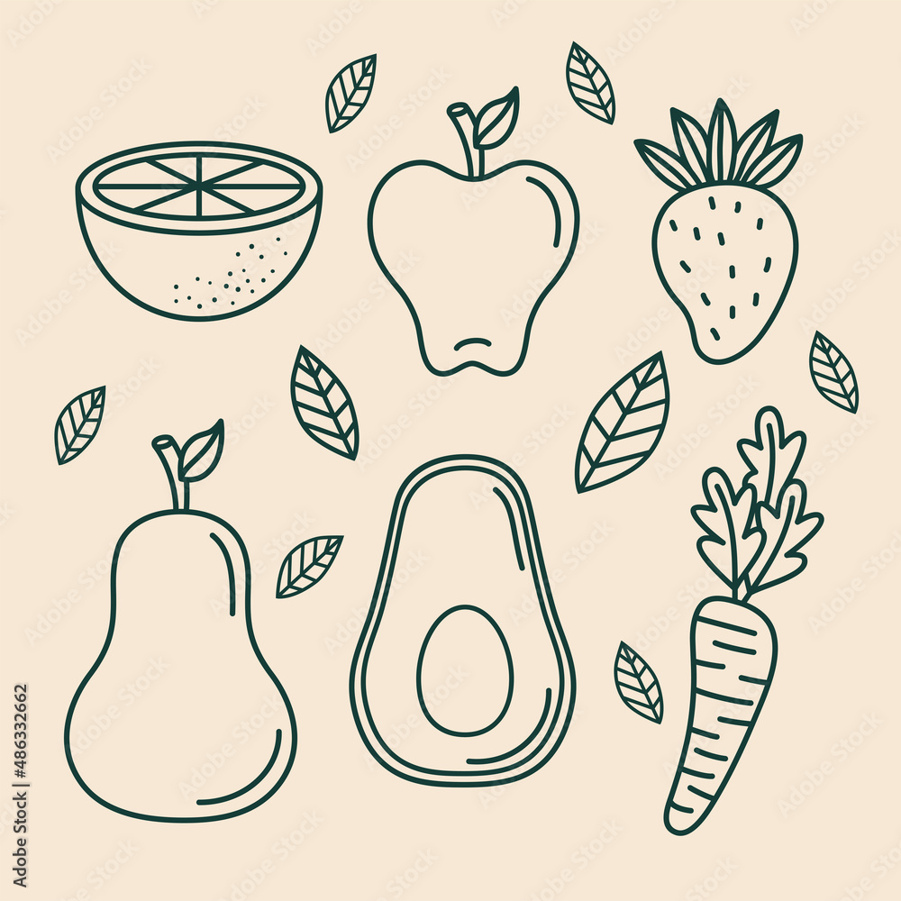 Sticker vegetables and fruits icons