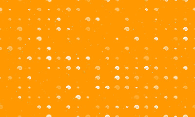 Seamless background pattern of evenly spaced white marine nautilus symbols of different sizes and opacity. Vector illustration on orange background with stars