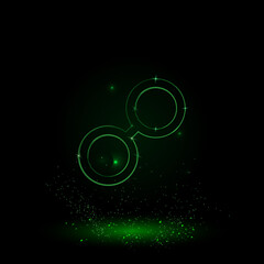 A large green outline astrological opposition symbol on the center. Green Neon style. Neon color with shiny stars. Vector illustration on black background