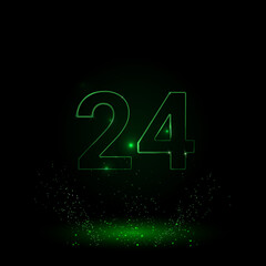 A large green outline around the clock symbol on the center. Green Neon style. Neon color with shiny stars. Vector illustration on black background