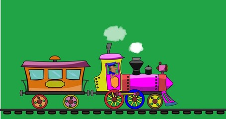 The steam locomotive rides and drags one wagon for passengers. A man in a cap controls. Looped animation. White smoke comes out of the chimney.  The background is green.