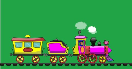The steam locomotive rides and drags one wagon for passengers. A man in a cap controls. Looped animation. White smoke comes out of the chimney.  The background is green.