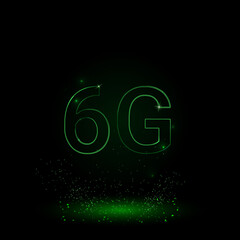 A large green outline 6G symbol on the center. Green Neon style. Neon color with shiny stars. Vector illustration on black background
