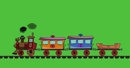 The steam locomotive rides and drags three wagons for passengers. Wagons of different colors. Looped animation. Smoke comes out of the chimney. The railroad is moving. The background is green.