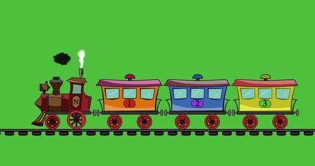 The steam locomotive rides and drags three wagons for passengers. Wagons of different colors. Looped animation. Smoke comes out of the chimney. The railroad is moving. The background is green.