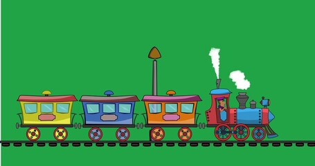 The steam locomotive rides and drags three wagons for passengers. Wagons of different colors. Looped animation. Smoke comes out of the chimney. The railroad is moving. The background is green.