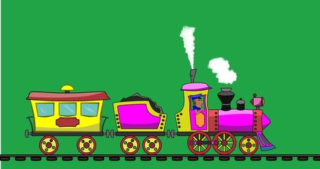 The steam locomotive rides and drags one wagon for passengers. A man in a cap controls. Looped animation. White smoke comes out of the chimney.  The background is green.