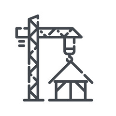 Tower crane line icon side view isolated on white transparent background.