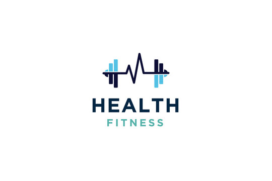 Barbel with heart rate graphic design for fitness or healthcare logo, vector illustration.