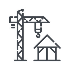 Tower crane line icon side view isolated on white transparent background.