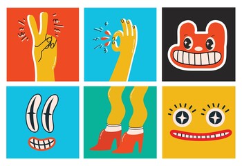 Big Set of Different colored Vector illustartions for posters in Cartoon Flat design. Hand drawn Abstract shapes, faces, different texture funny Comic characters.