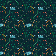 Watercolor floral seamless pattern. Wild flowers and herbs